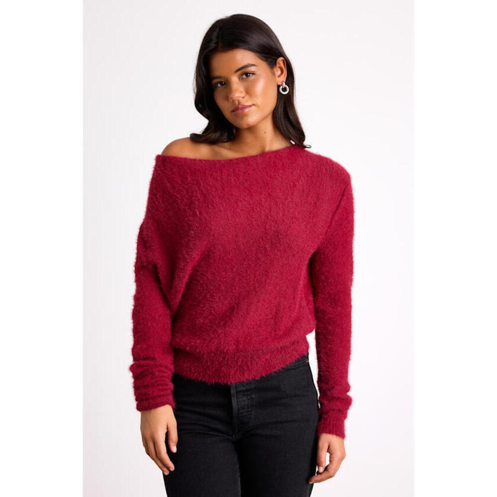 Lulus Care For You Berry Red Eyelash Knit Cowl Neck Reversible Sweater